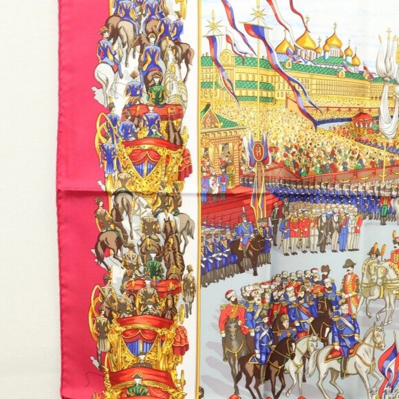 HERMES Carre 90 Scarf ""GRAND CORTEGE A MOSCOU"" Silk Red Auth hk2432 - Picture 13 of 16